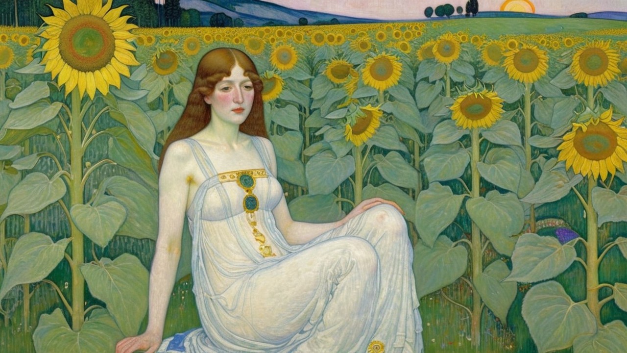 Young Woman in White Dress Surrounded by Sunflowers