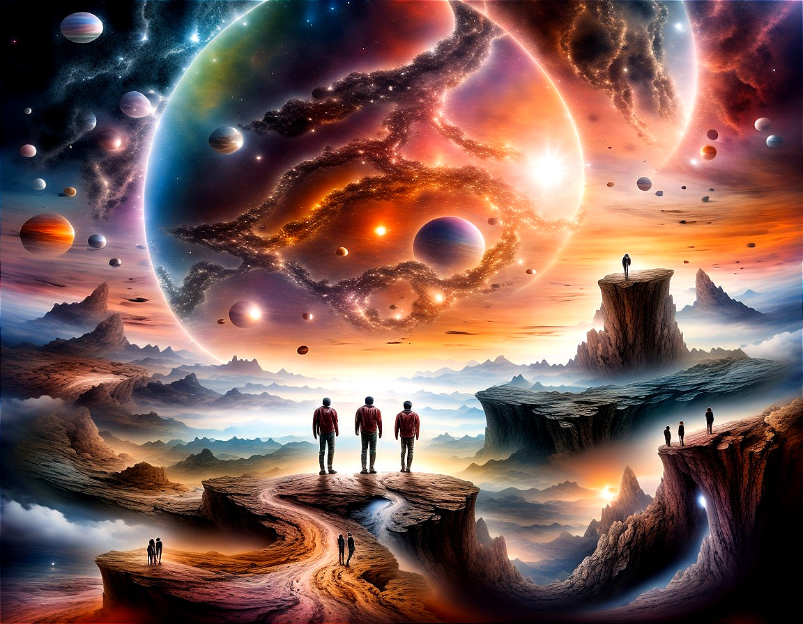 Cosmic Landscape with Cliffs and Vibrant Planets