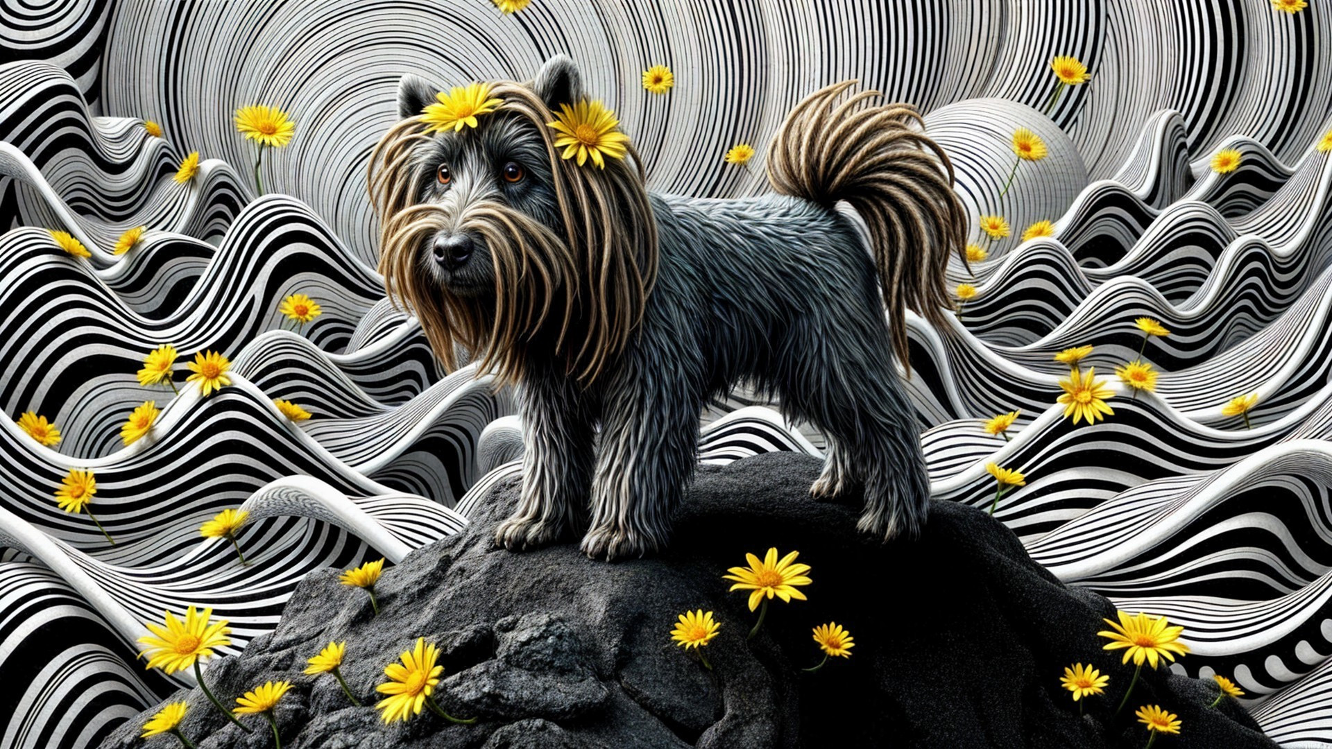 Fluffy Dog on Rocky Outcrop with Floral Crown