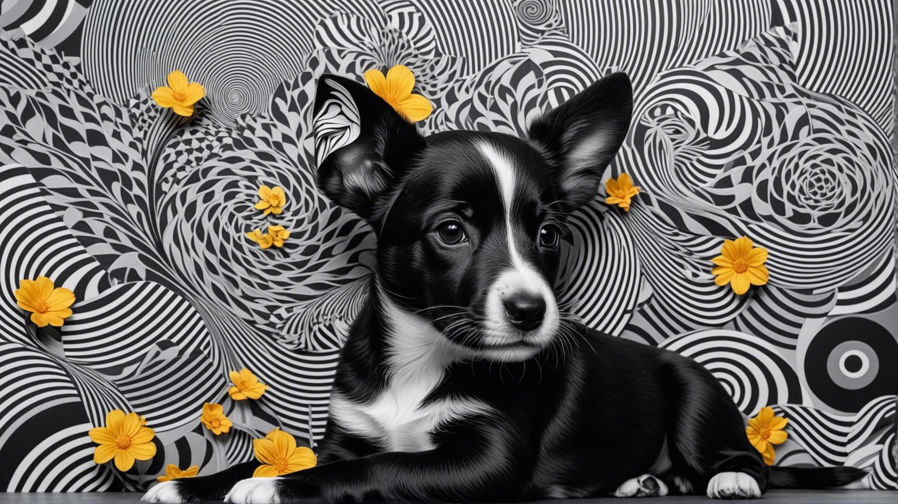 Black and white corgi puppy on textured surface