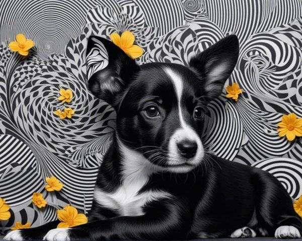 Black and white corgi puppy on textured surface