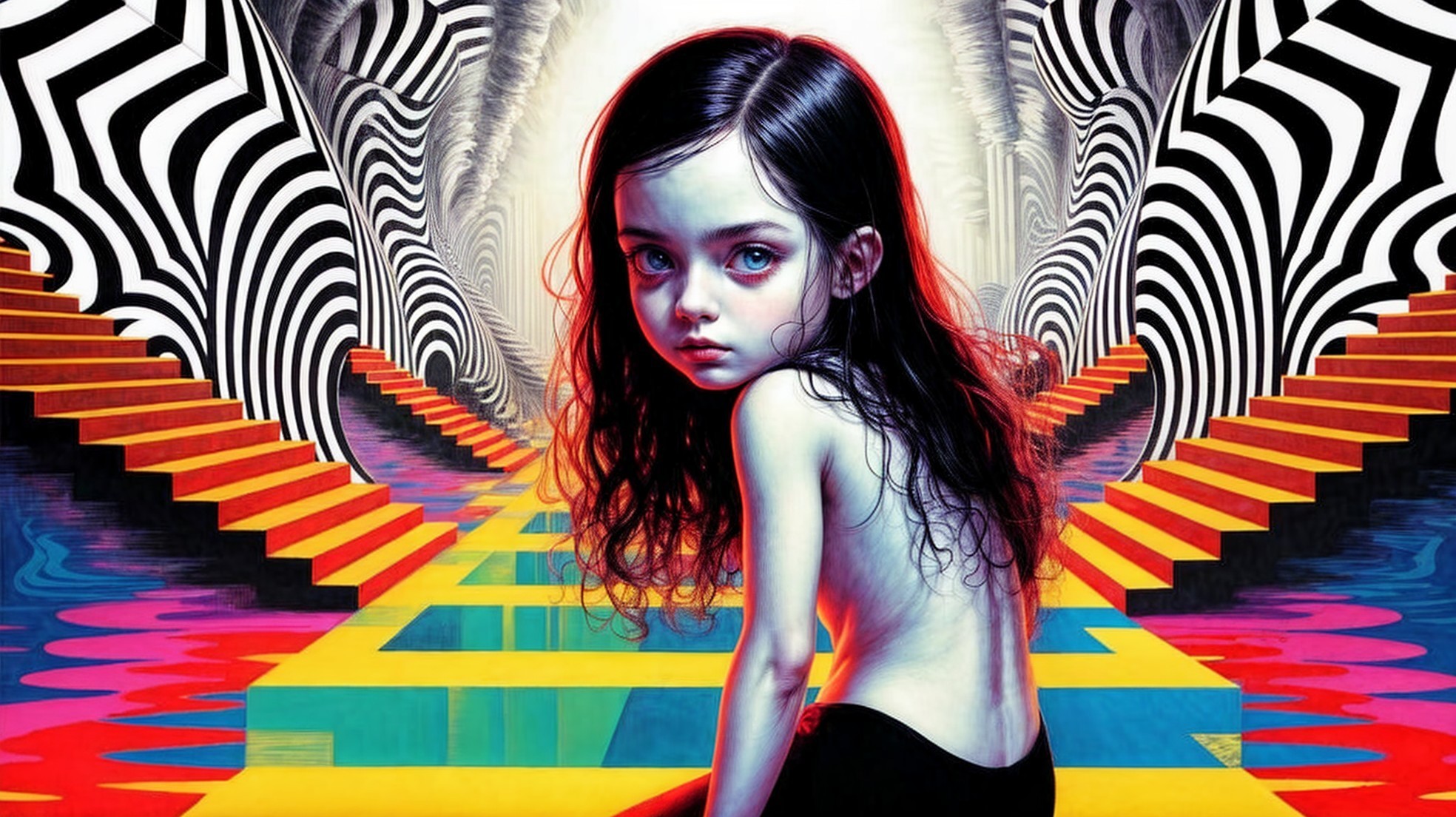 Surreal Artwork of Girl on Colorful Staircase