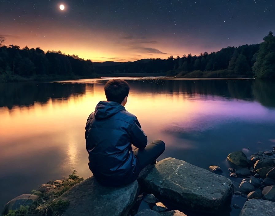 Person by a tranquil lake at twilight with colorful sky