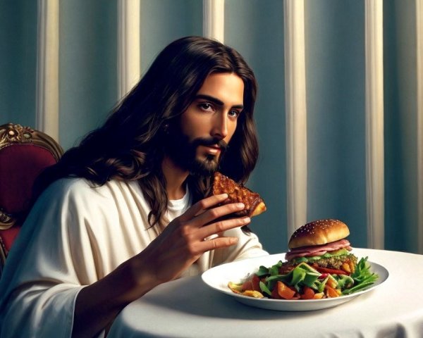 Classical Painting of Man Eating Hamburger and Salad