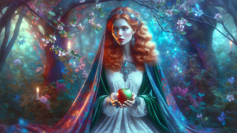 Regal woman in enchanted forest with glowing apple