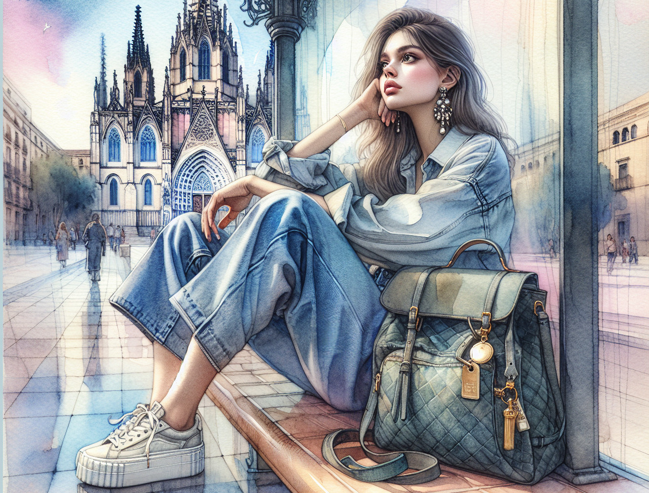 Young Woman in Casual Outfit by Gothic Cathedral