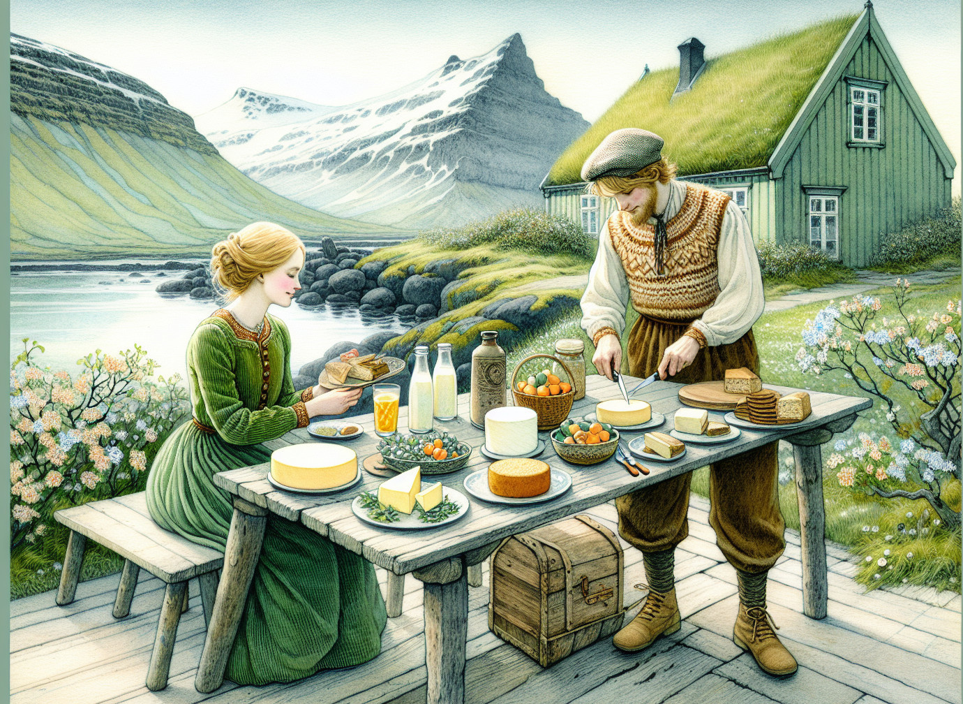 Couple Dining by a Tranquil Lake with Mountains
