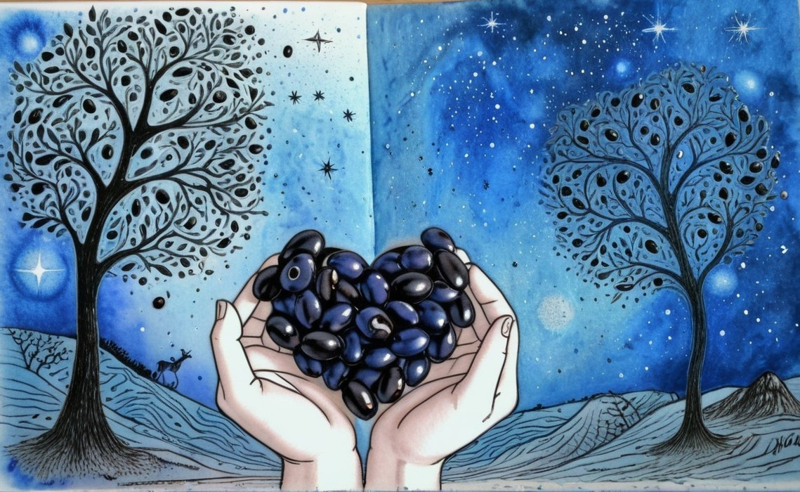 Illustrated Scene of Night Sky and Heart-Shaped Beans