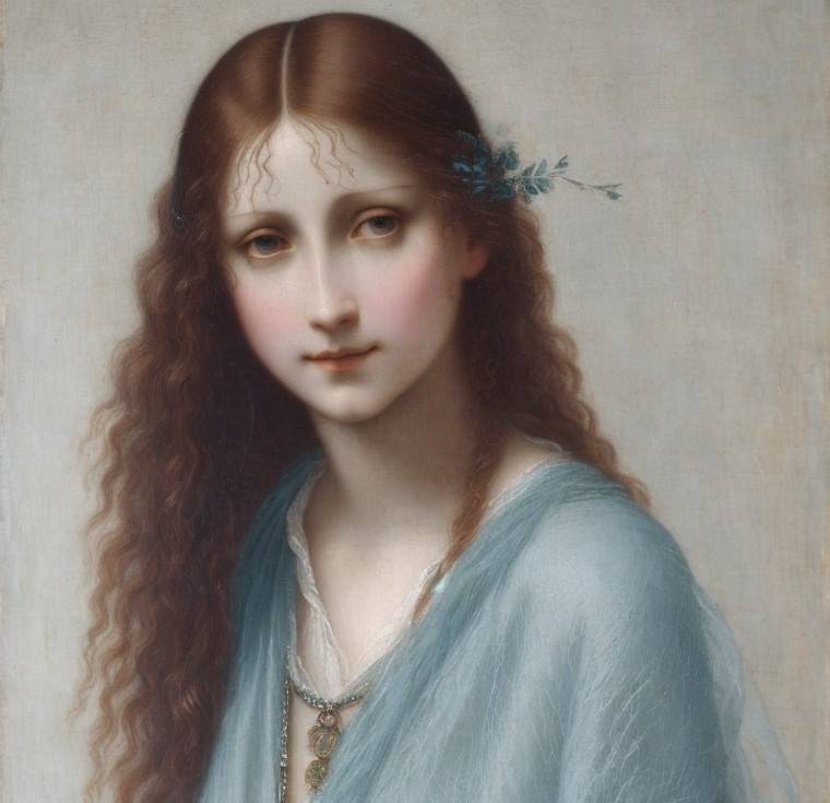 Young woman in blue garment with flower in hair