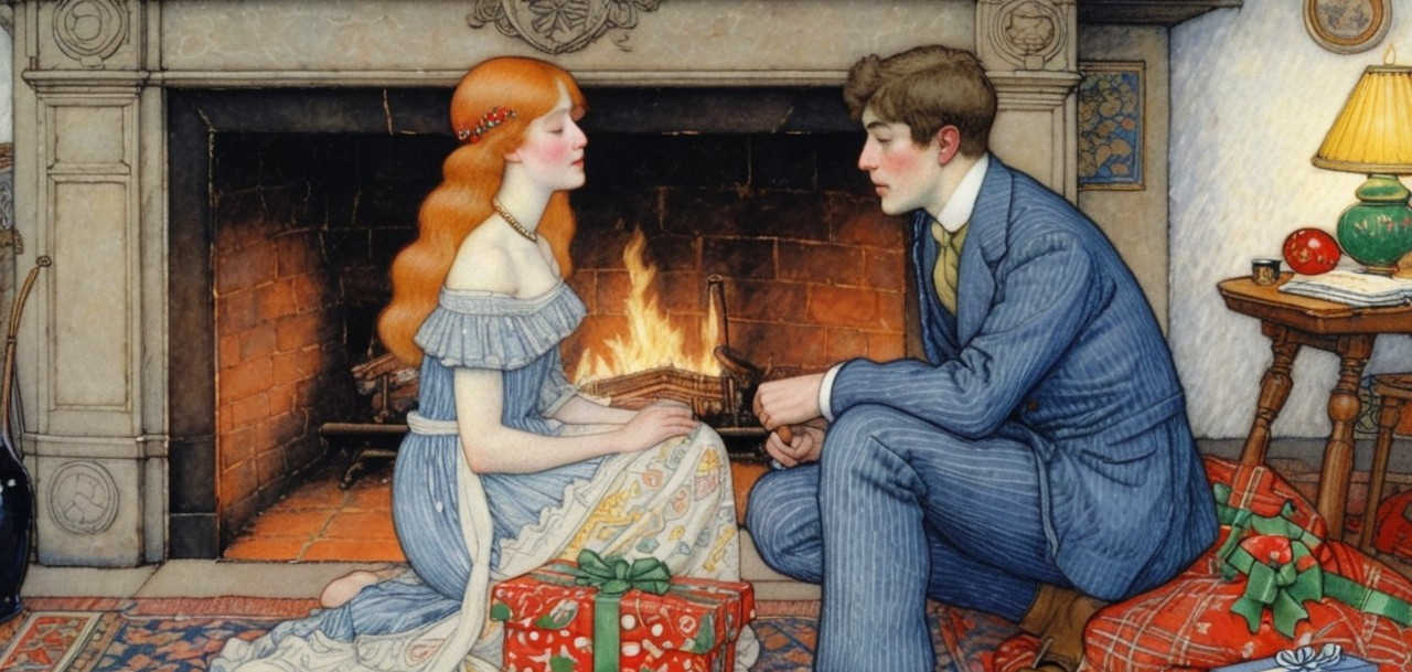 Romantic Fireplace Scene with Couple and Decorations