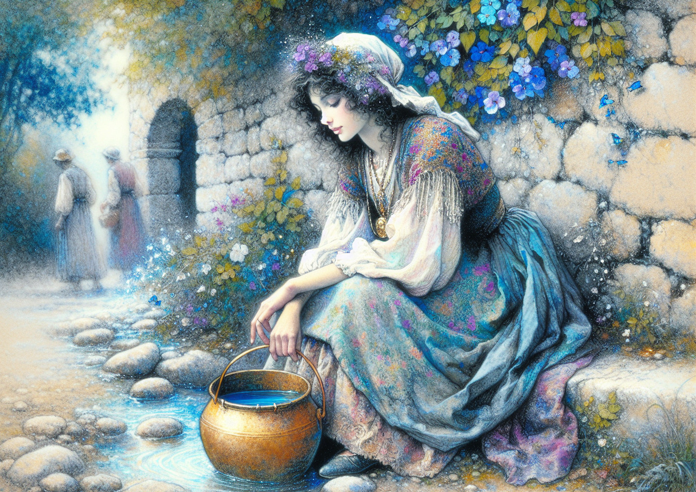 Young woman by stream with flowers and golden pot