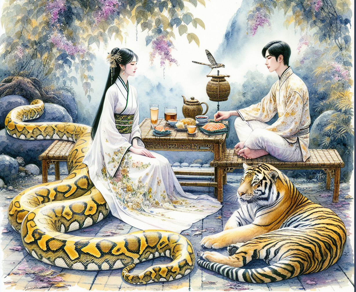 Tranquil Tea Setting with Tiger and Snake Nearby