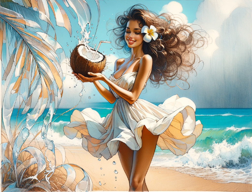 Joyful woman on sunlit beach with coconut drink
