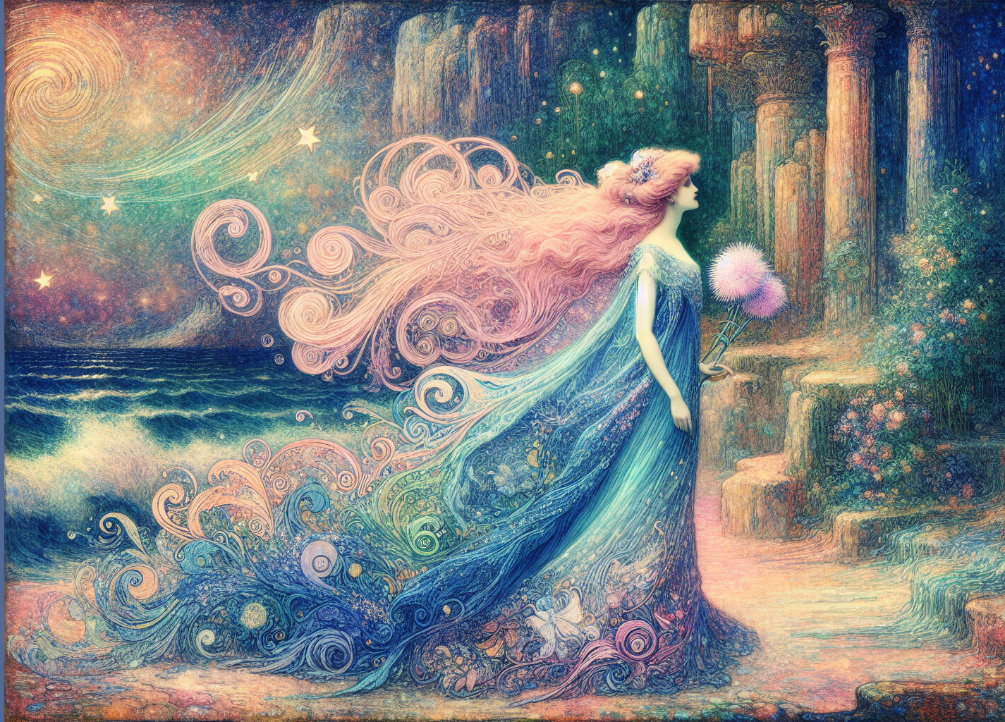 Whimsical figure in pastel gown by mystical ocean