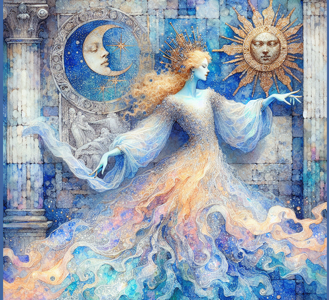 Ethereal Figure Representing Day and Night Duality