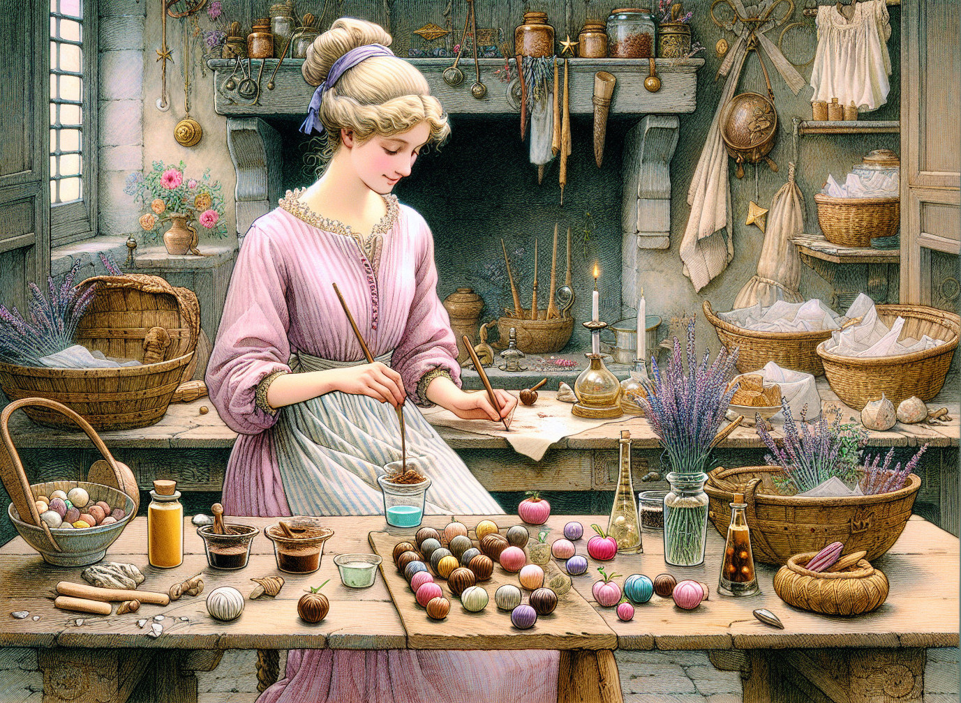 Artisan Workshop with Young Woman Painting Colorful Objects