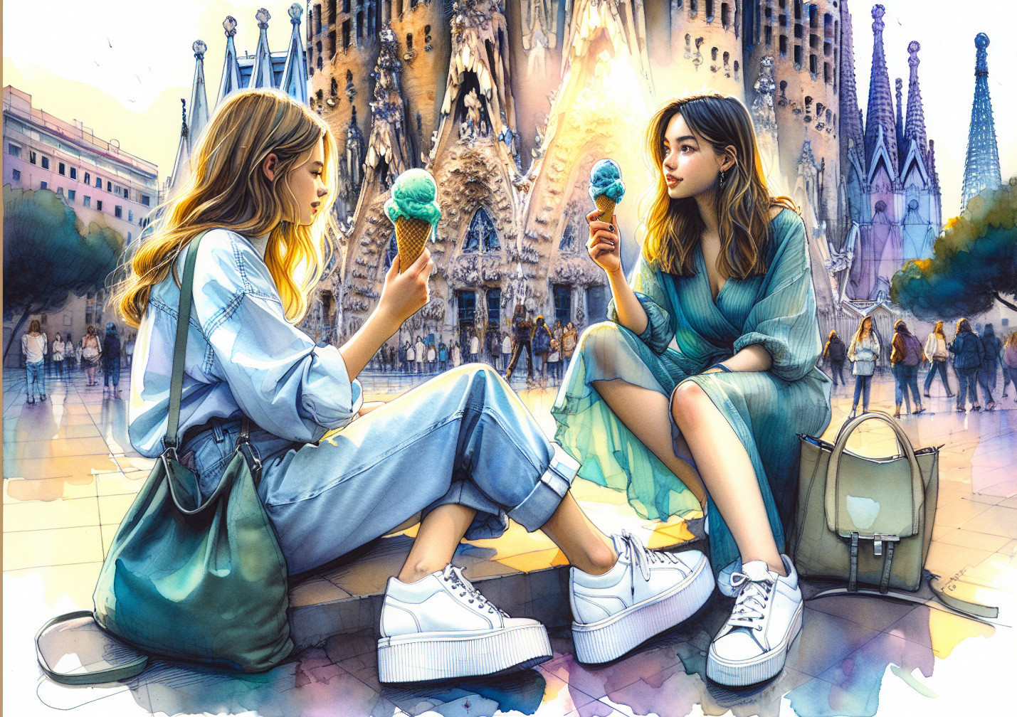 Young Women Enjoy Ice Cream by Sagrada Família