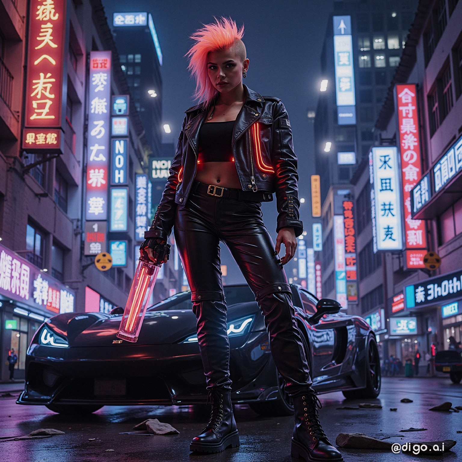 Punk Style Figure in Neon Cyberpunk City Scene