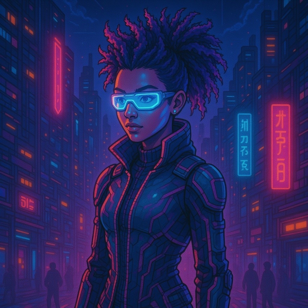 Futuristic cityscape with neon lights and high-tech character