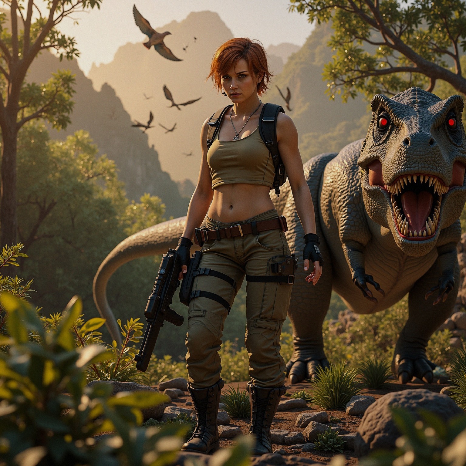 Fierce Female Warrior in Prehistoric Landscape