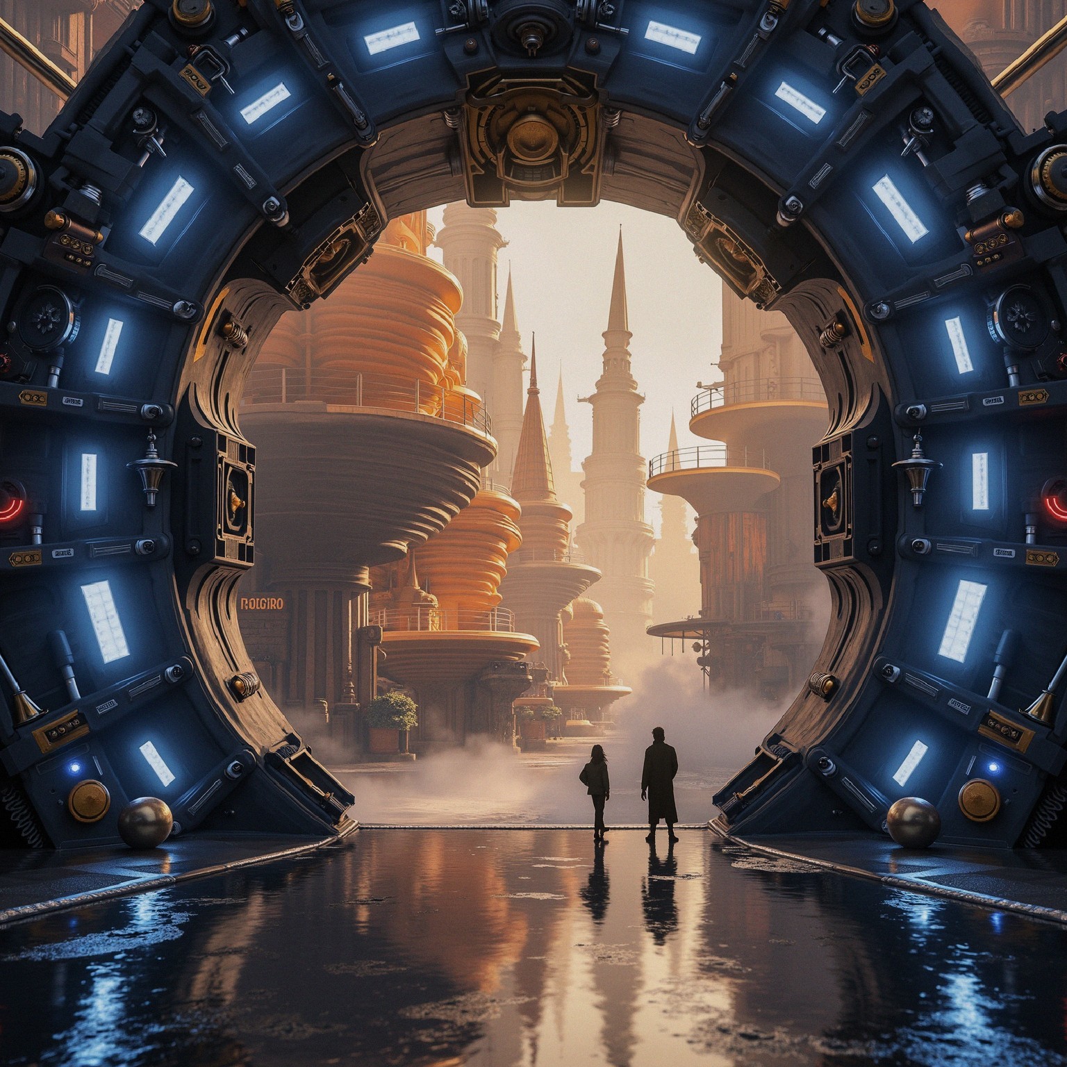 Futuristic Portal with Cityscape and Silhouetted Figures