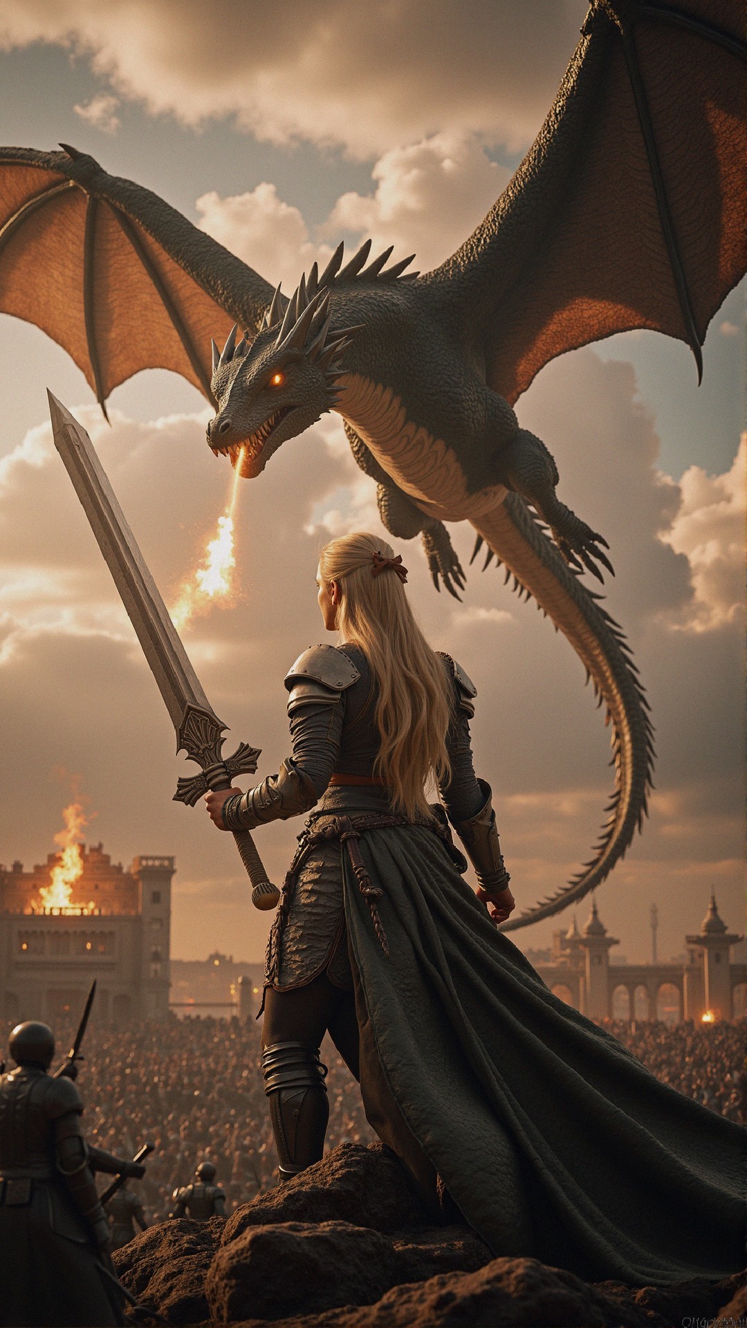 Warrior Woman Faces Dragon Amidst Fiery Battle Scene