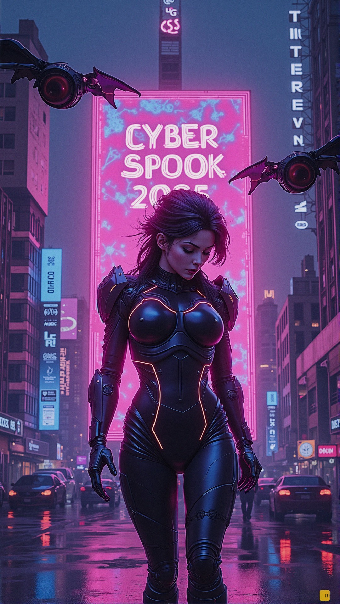 Futuristic cityscape with neon lights and drones