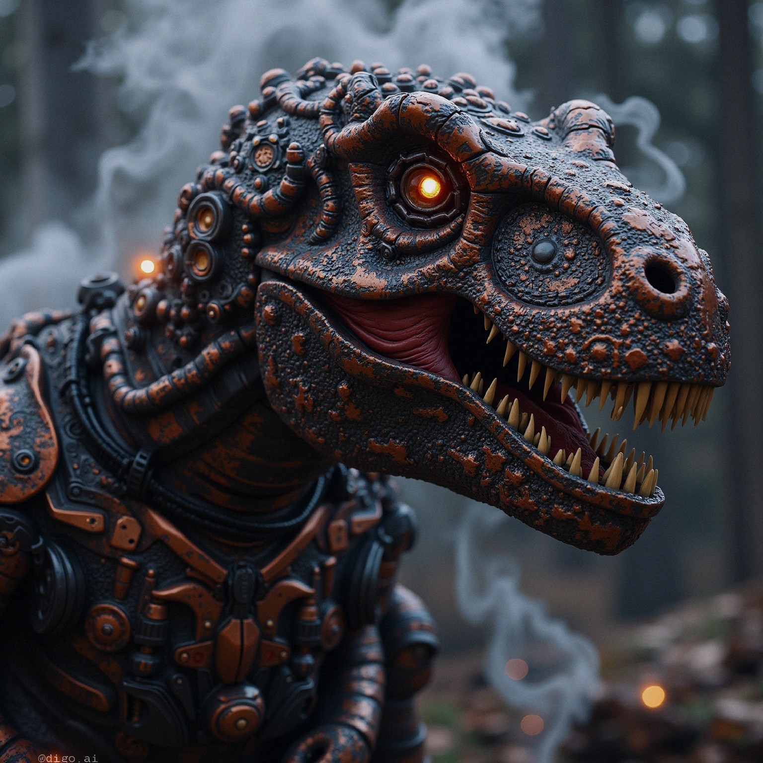 Mechanical Dinosaur in Misty Forest Setting