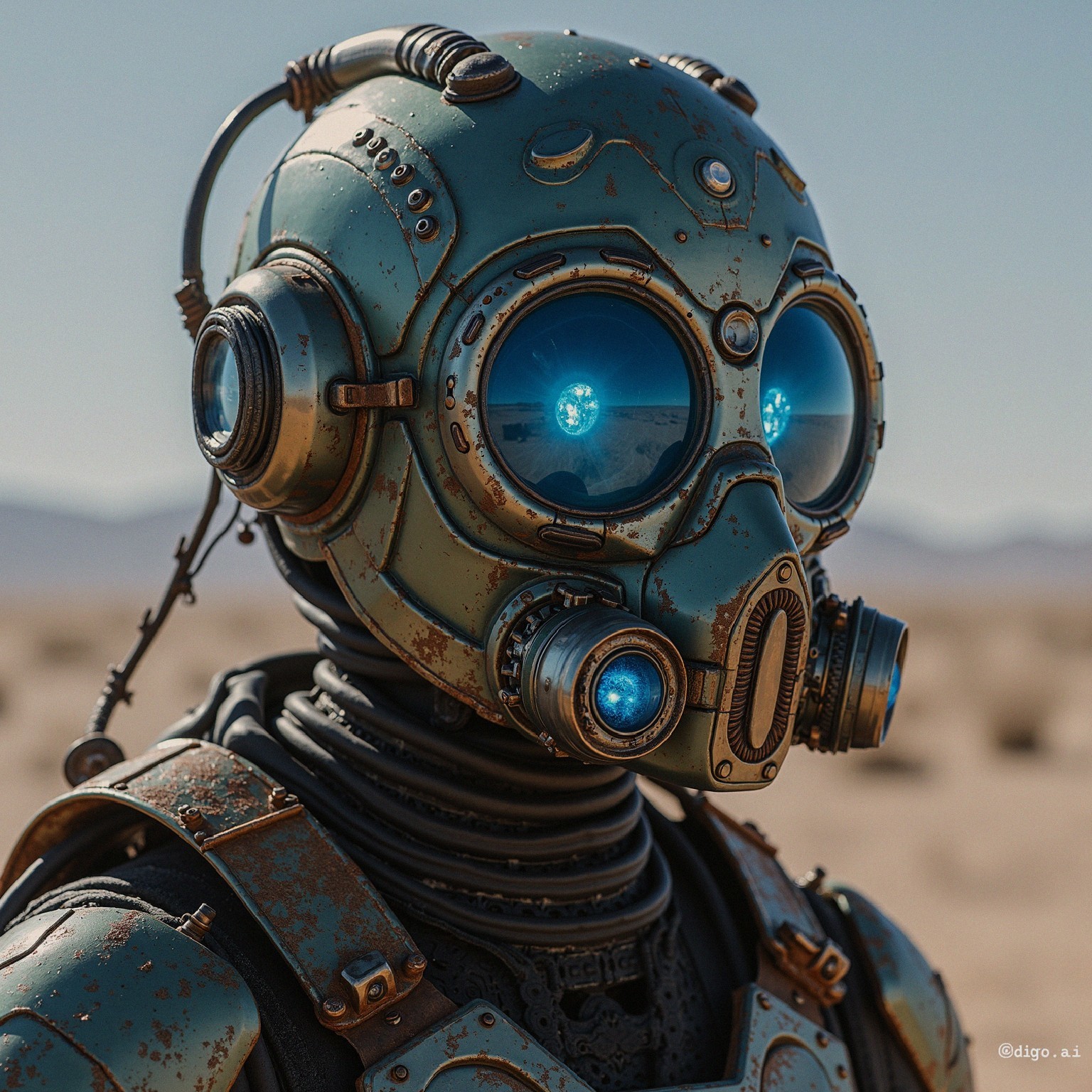 Futuristic Steampunk Robot in Desert Landscape