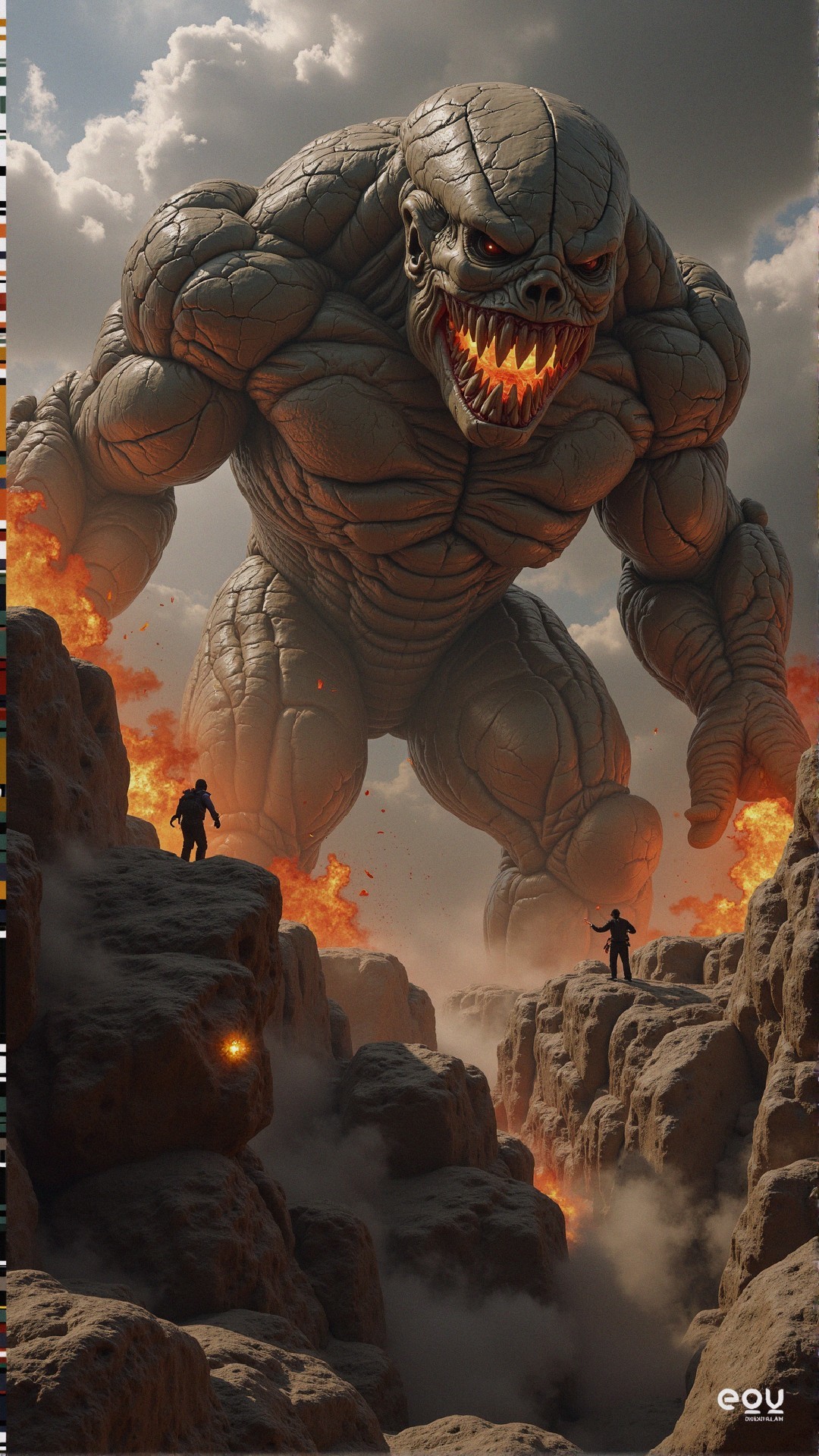 Colossal Monster Overlooks Dramatic Rocky Landscape