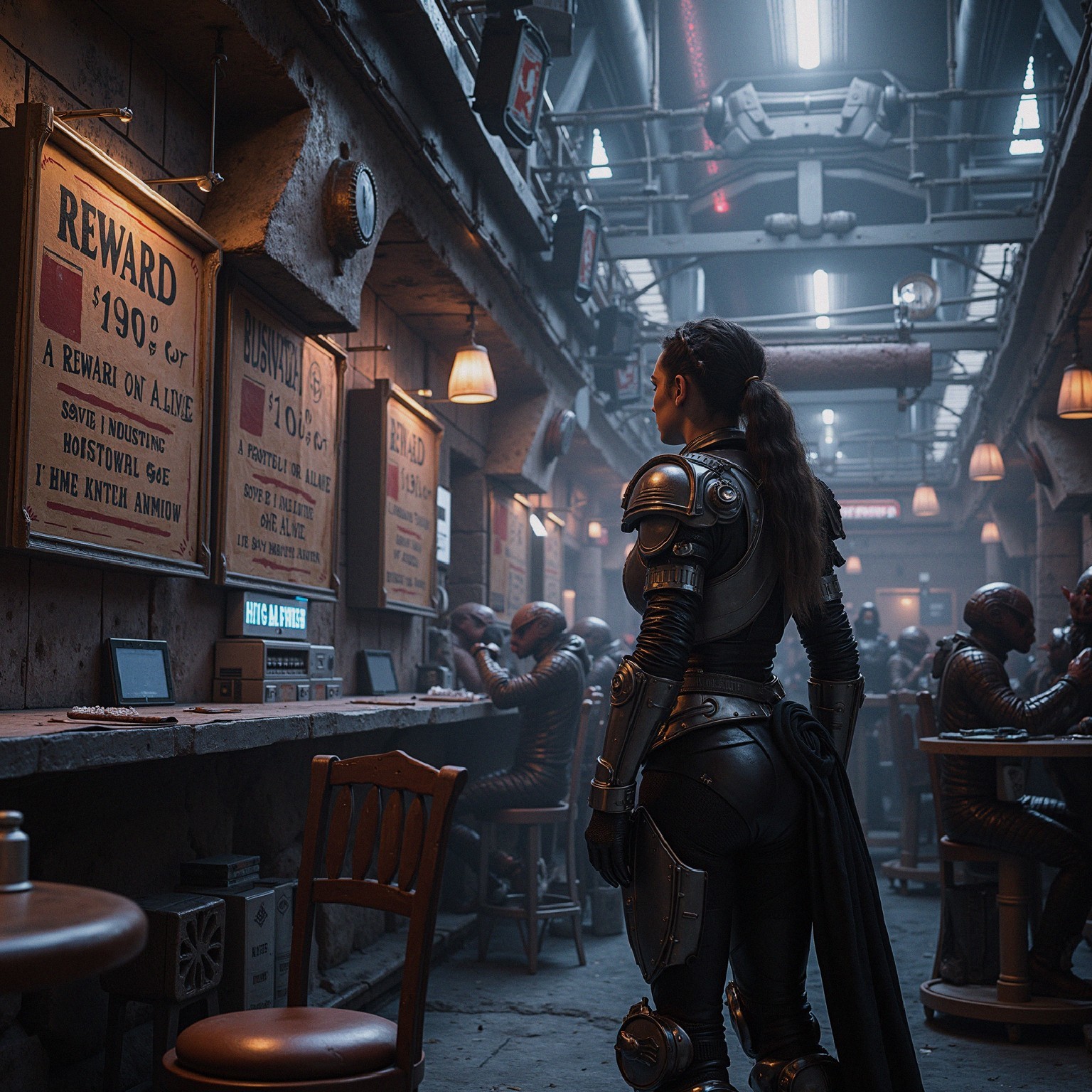 Futuristic Armor in Gritty Alleyway Bar Scene