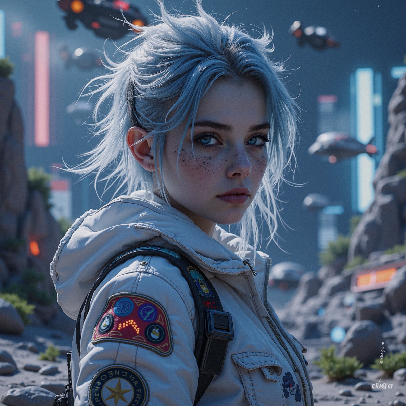 Young woman in futuristic landscape with neon elements