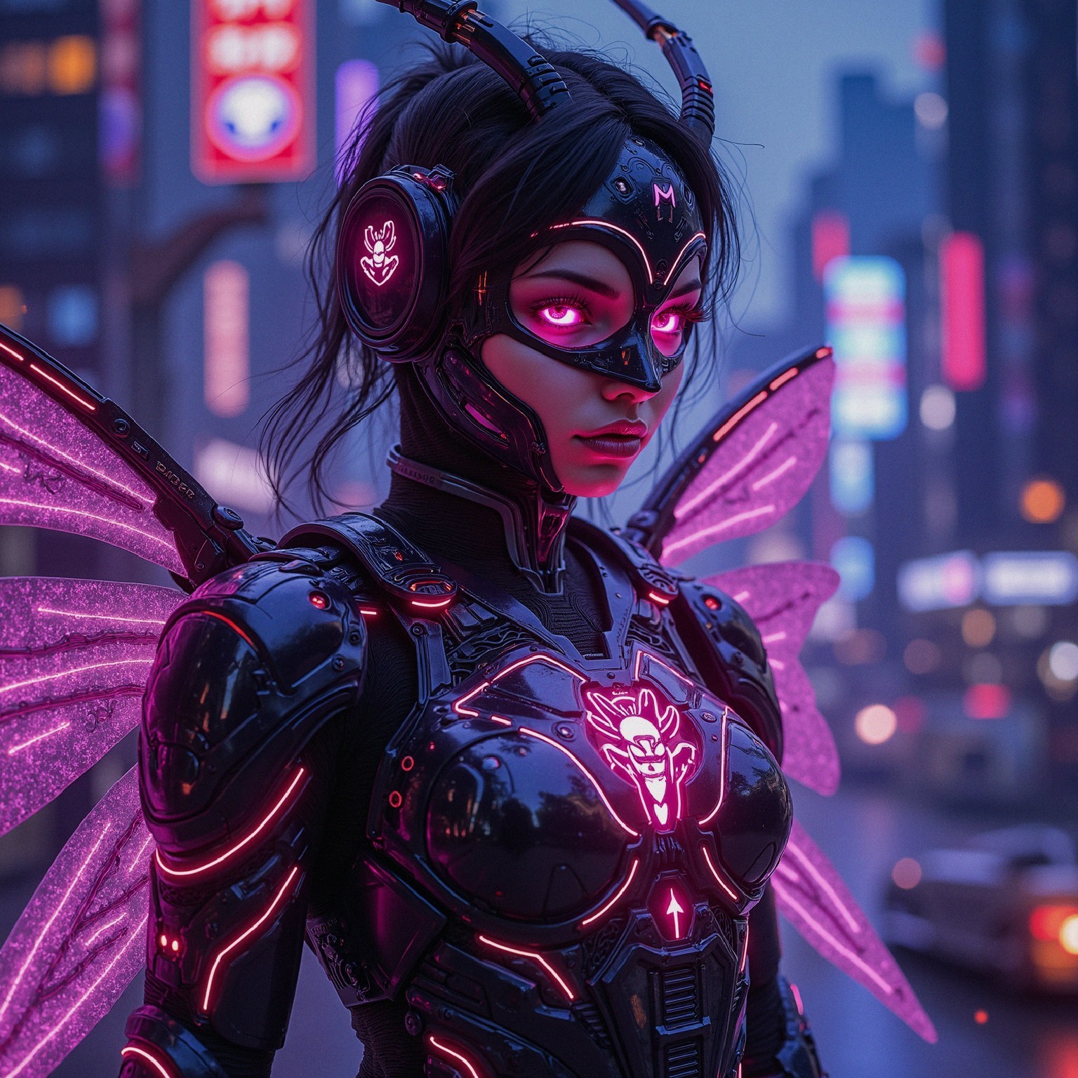Cyberpunk Figure in Neon Cityscape with Armor