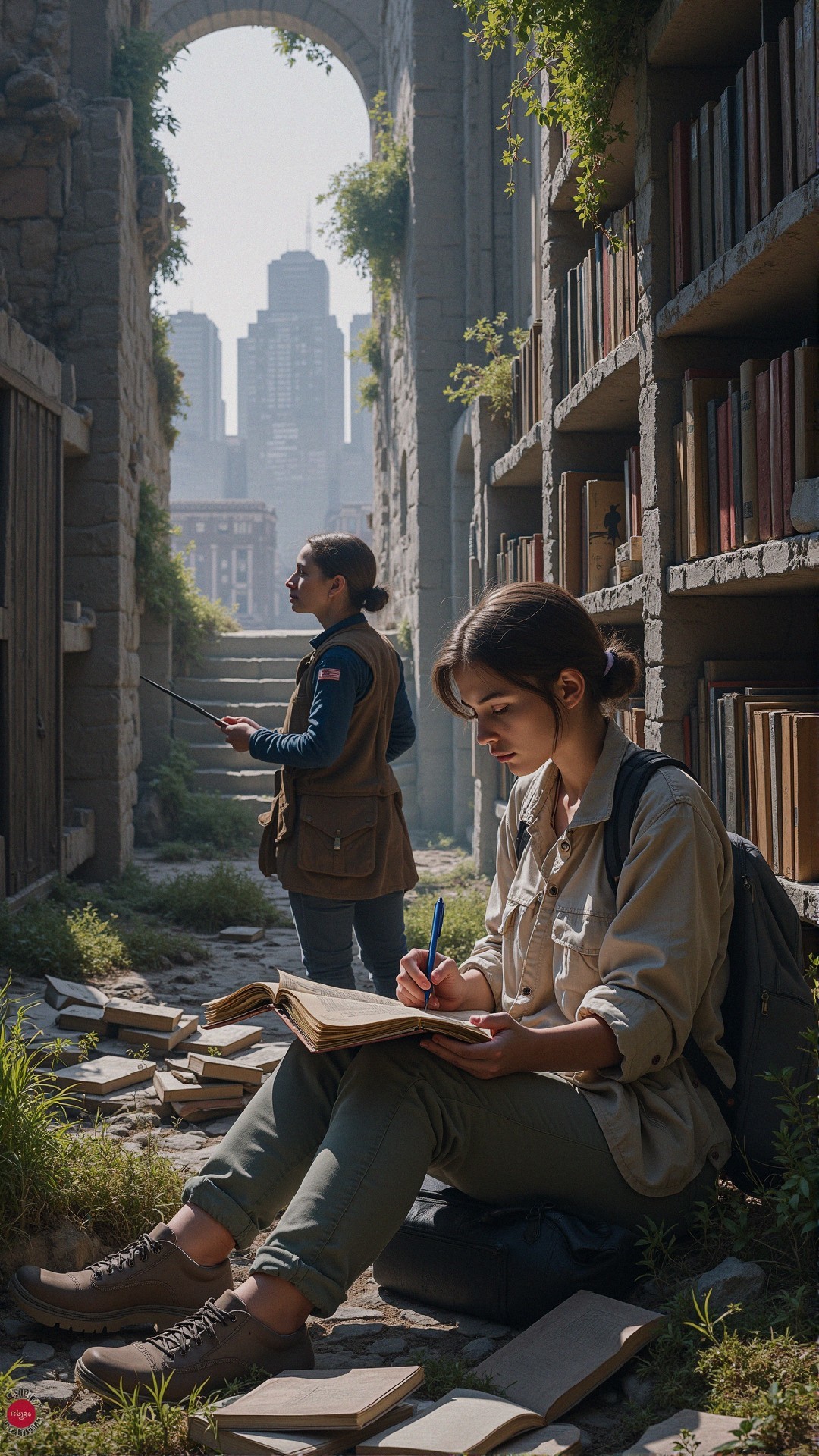 Women in Overgrown Library Ruins with City Skyline