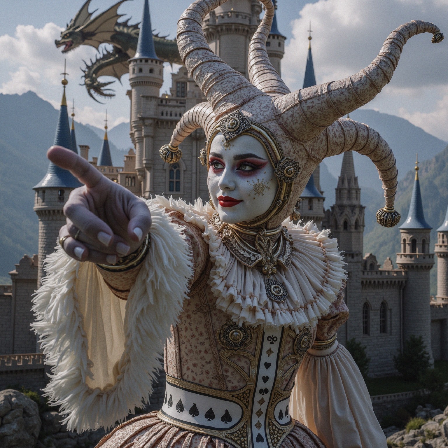 Jester Costume Displayed Before Grand Castle and Mountains