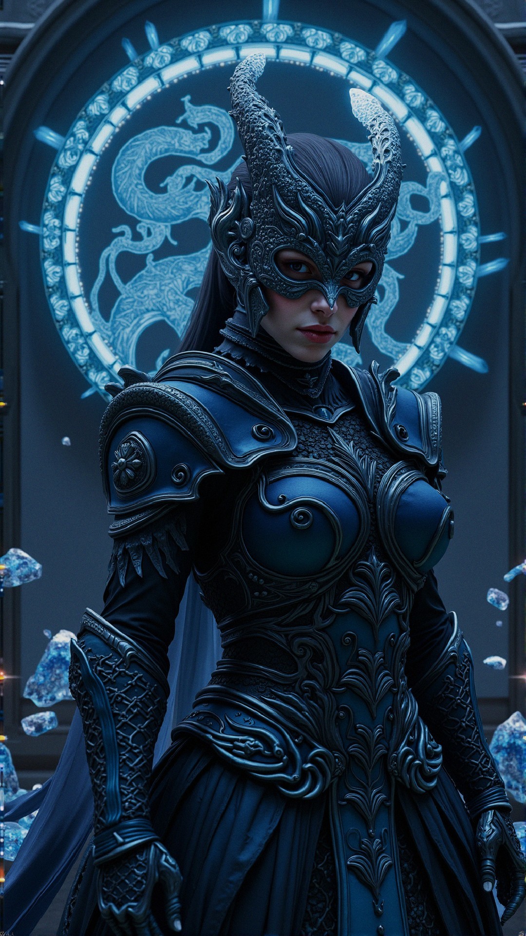 Warrior in Dark Armor with Mystical Background Elements