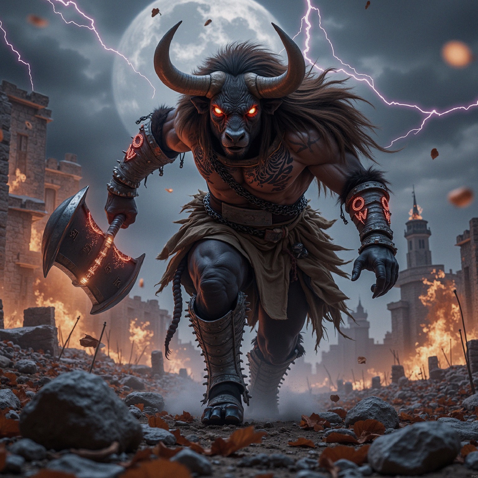 Muscular Bull-Headed Figure in Tribal Armor with Axe
