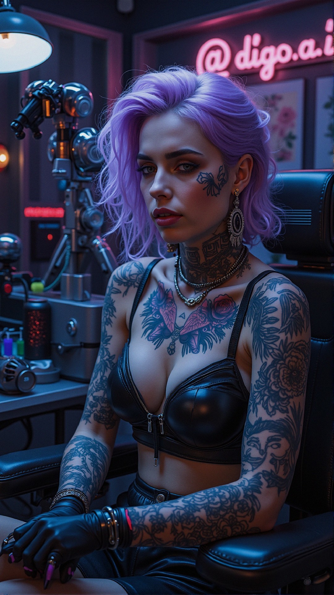 Vibrant Purple Hair and Tattoos in Modern Studio