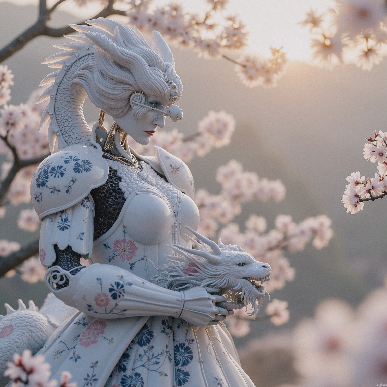 Robotic Figure Among Cherry Blossoms with Dragon Elements