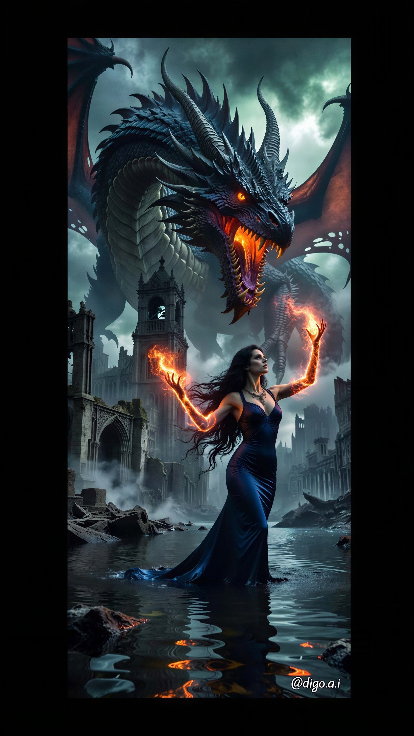 Fantasy Portrait of Woman with Dragon in Ruined City