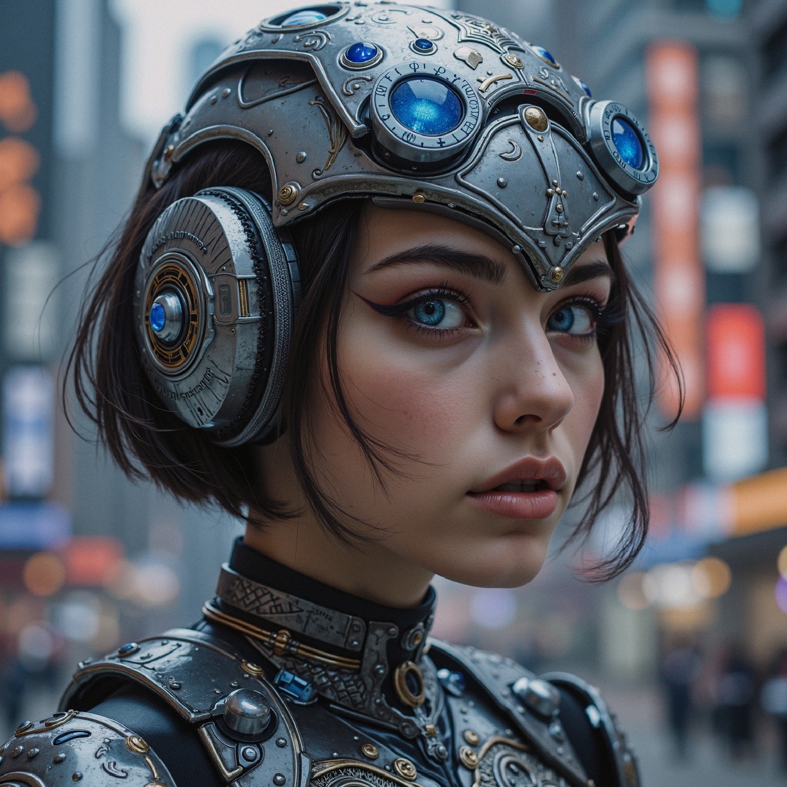 Young Woman in Steampunk Attire Against Urban Backdrop
