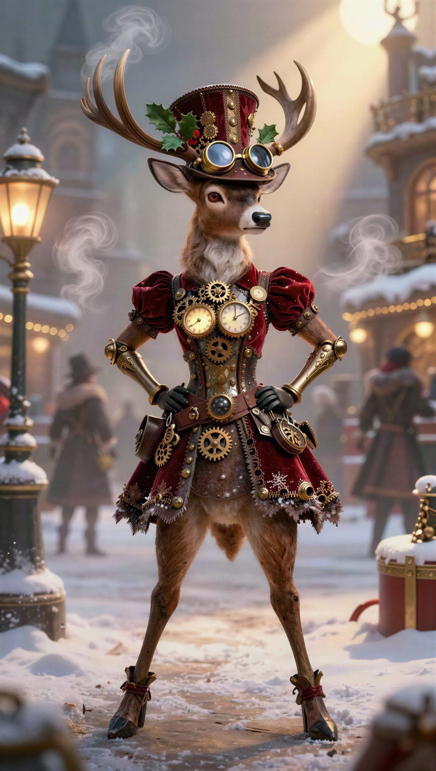 Full body portrait of a female deer in steampunk attire