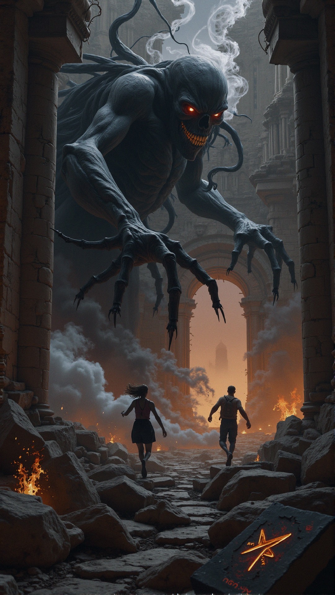 Shadowy Creature in Dark Archway with Flames