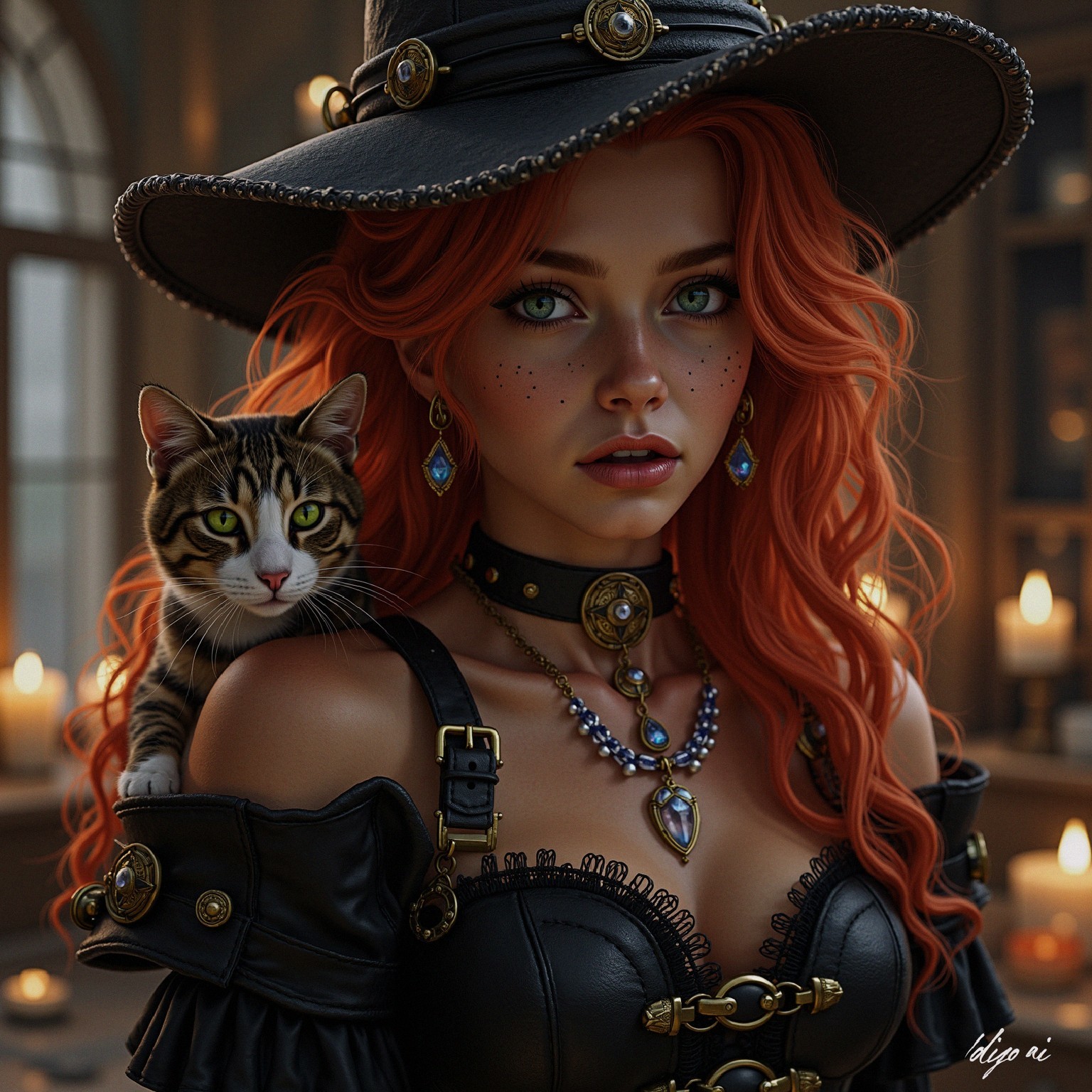 Young Woman in Black Dress with Cat and Candles