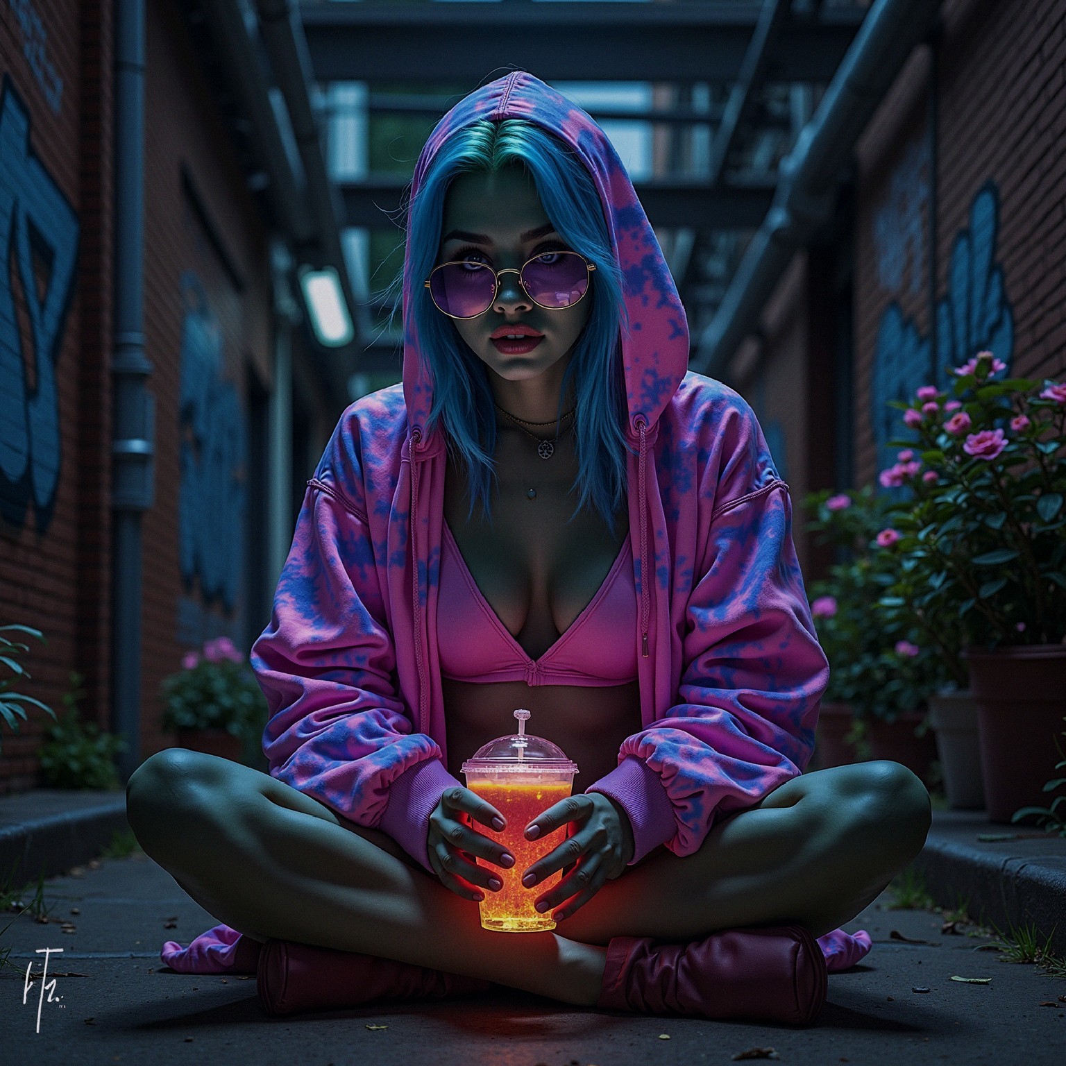 Young Person with Blue Hair in Urban Alley Scene