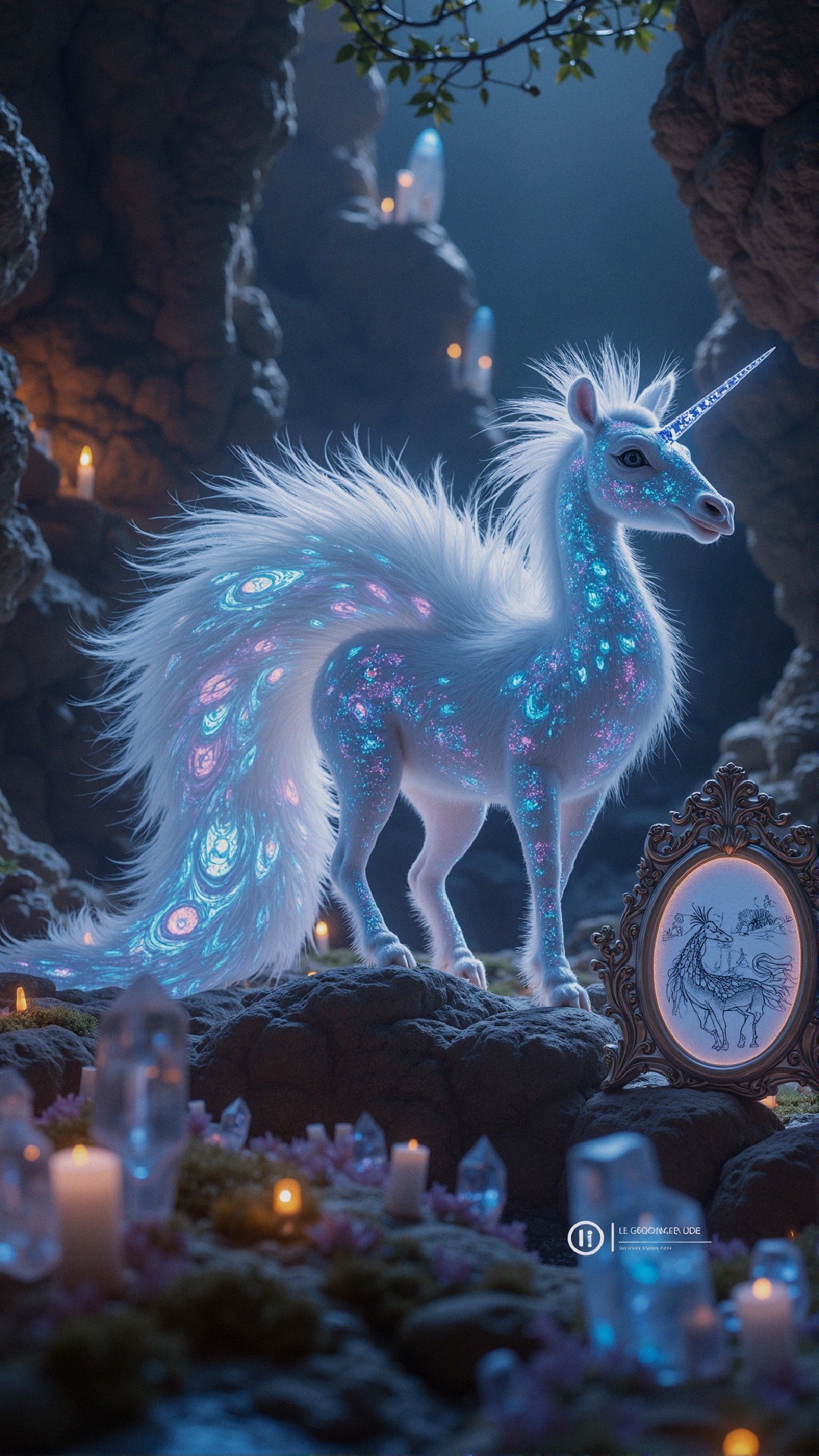 Unicorn in a Mystical Cave with Glowing Crystals