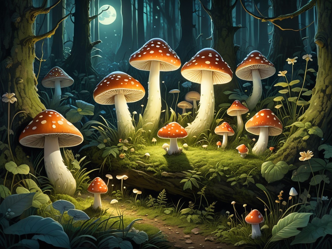 Mystical Night Forest with Mushrooms and Wildflowers