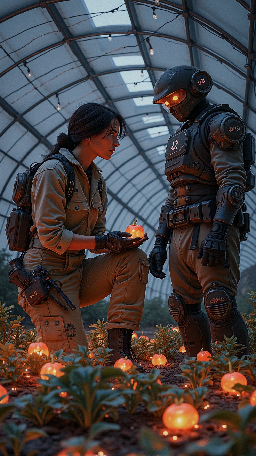 Futuristic greenhouse with woman and robot examining orbs