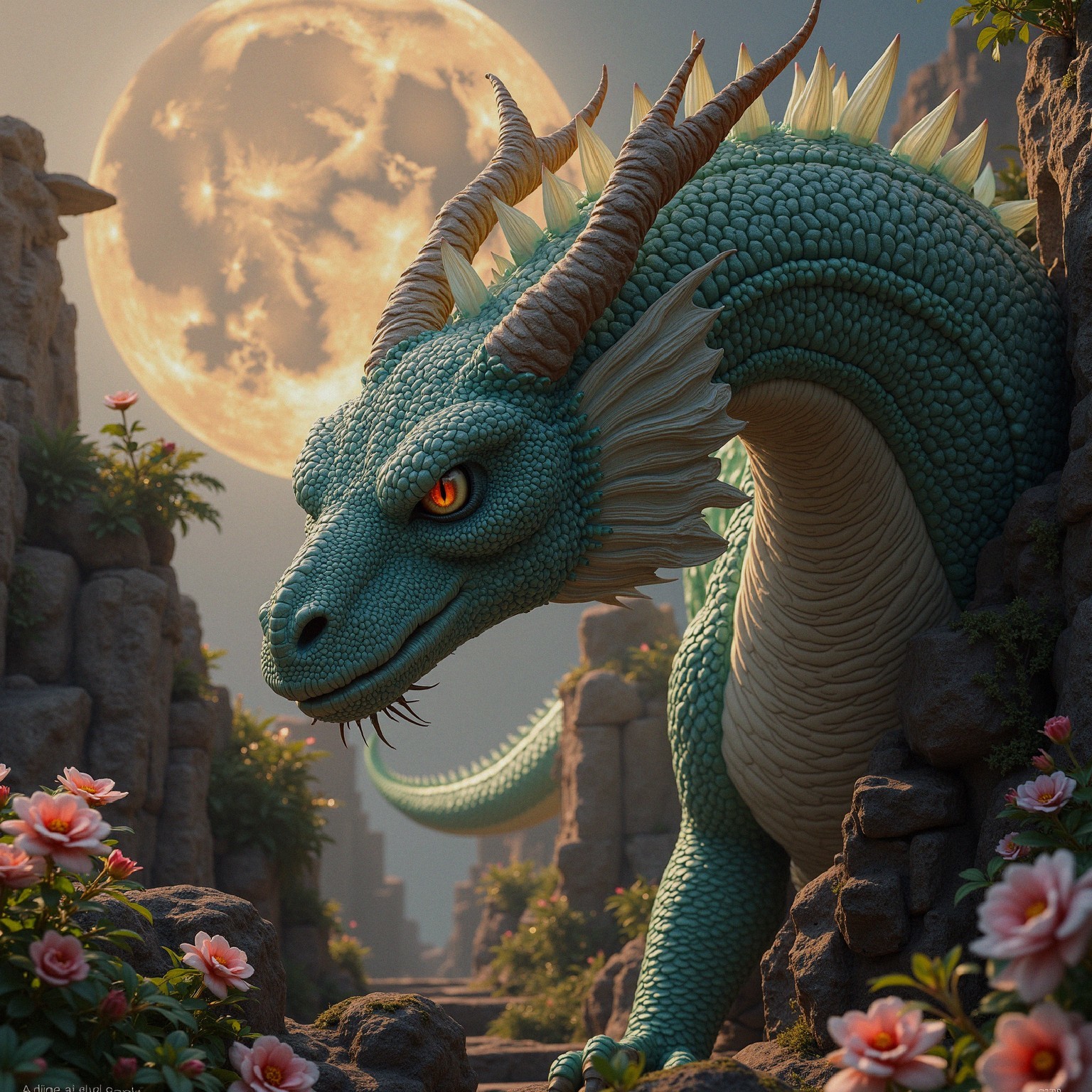 Dragon with Blue-Green Scales in Moonlit Landscape