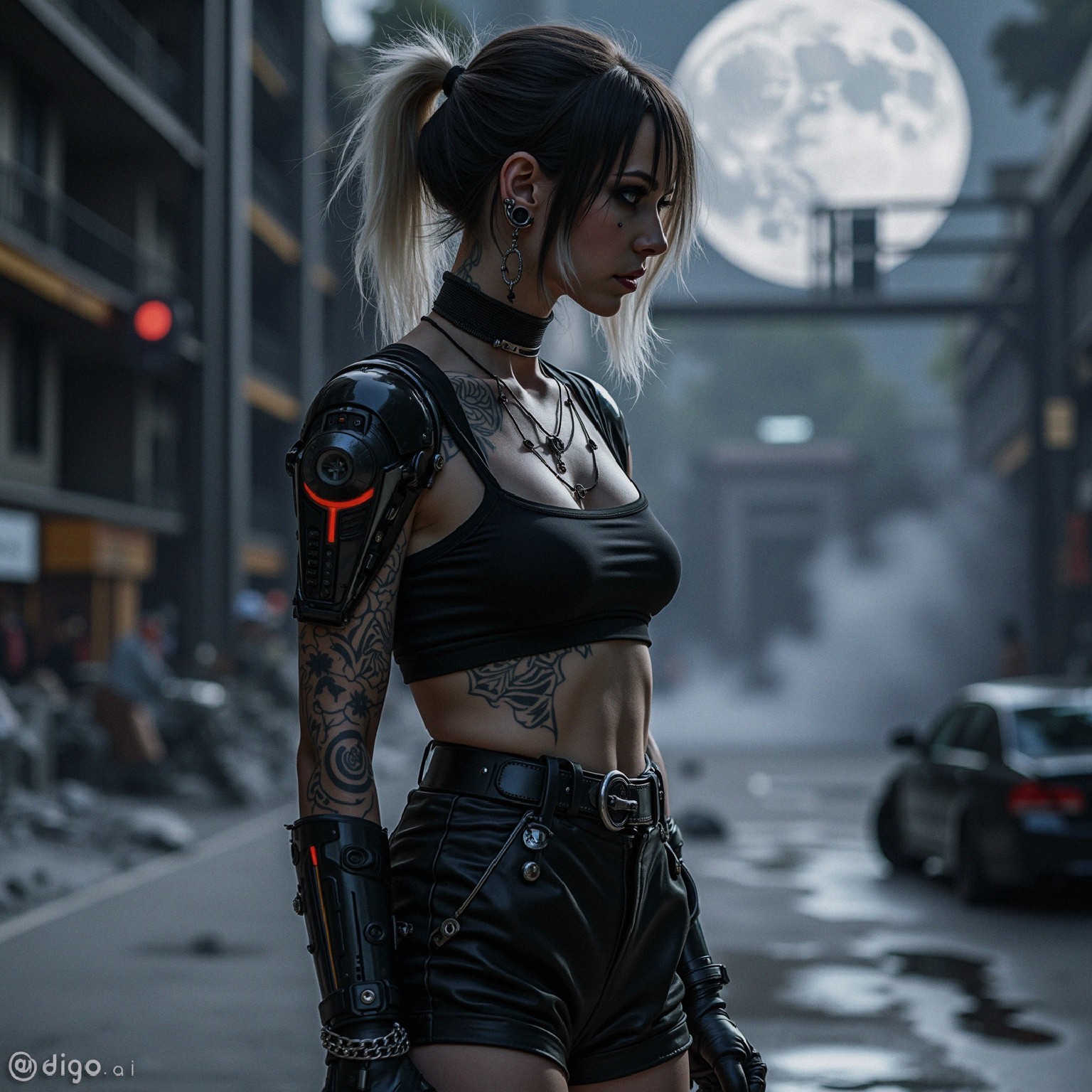 Futuristic Woman with Cybernetic Enhancements in Urban Scene